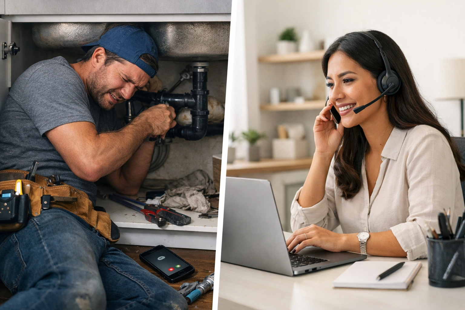 Split image showing a busy plumber fixing pipes under a sink while missing a phone call, contrasted with a professional virtual assistant handling customer calls and scheduling.