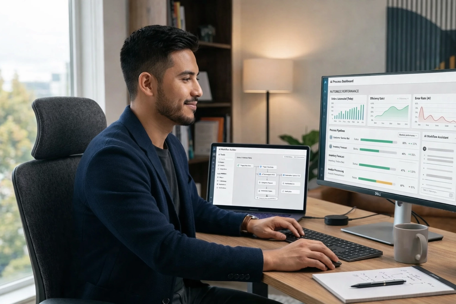 A remote operations specialist monitoring automated business workflows and live pipeline statuses on dual screens.