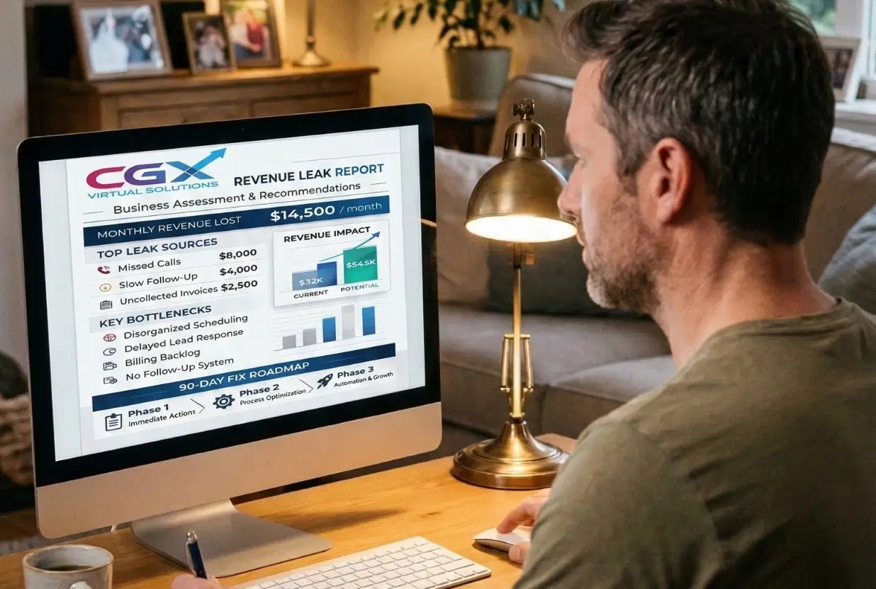 A business owner reviews a CGX Virtual Solutions 'Revenue Leak Report' on a desktop, displaying monthly lost revenue and top leak sources.