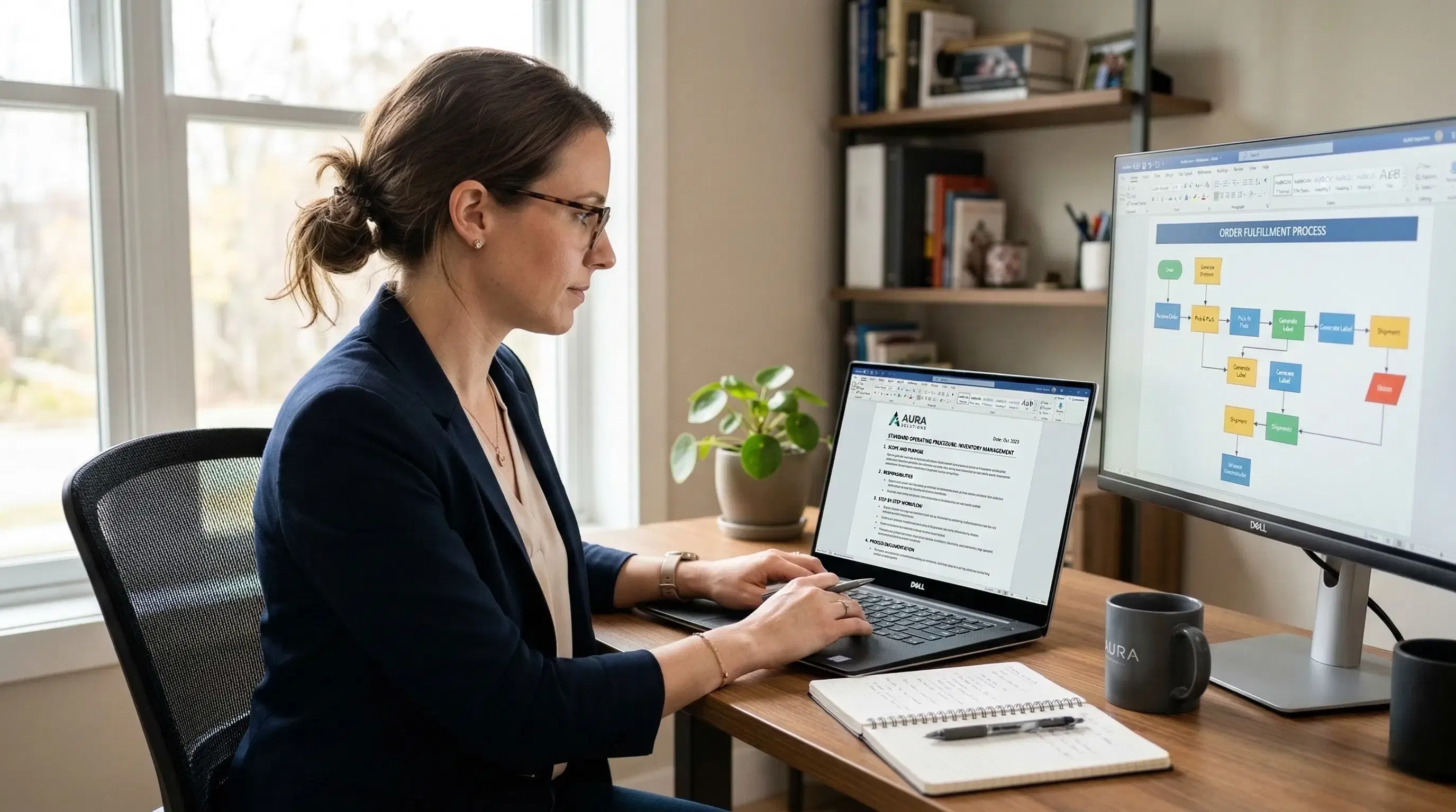 A remote operations specialist reviewing standard operating procedures and digital workflows.