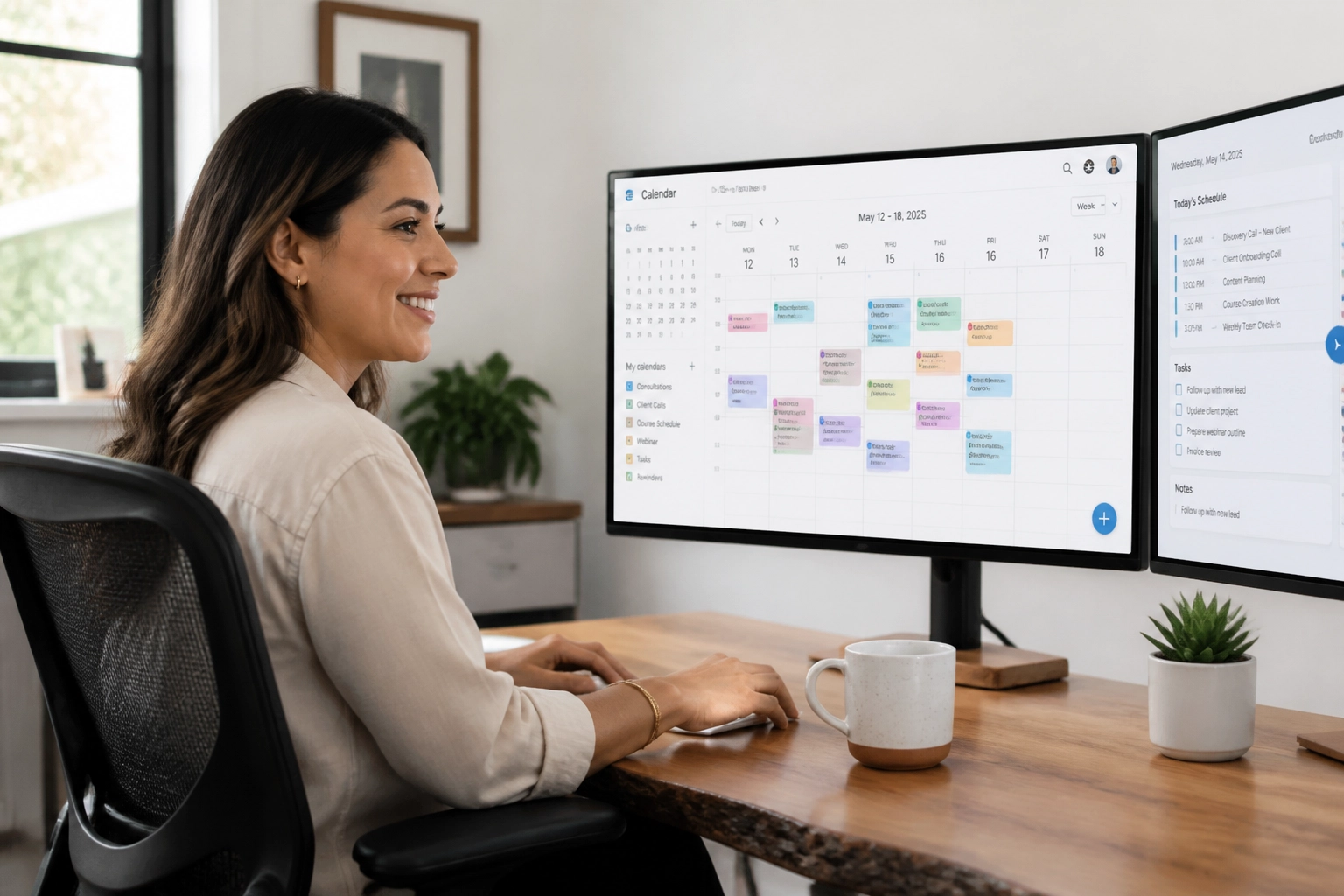 A dedicated remote office assistant working from a home office with a headset and professional setup.