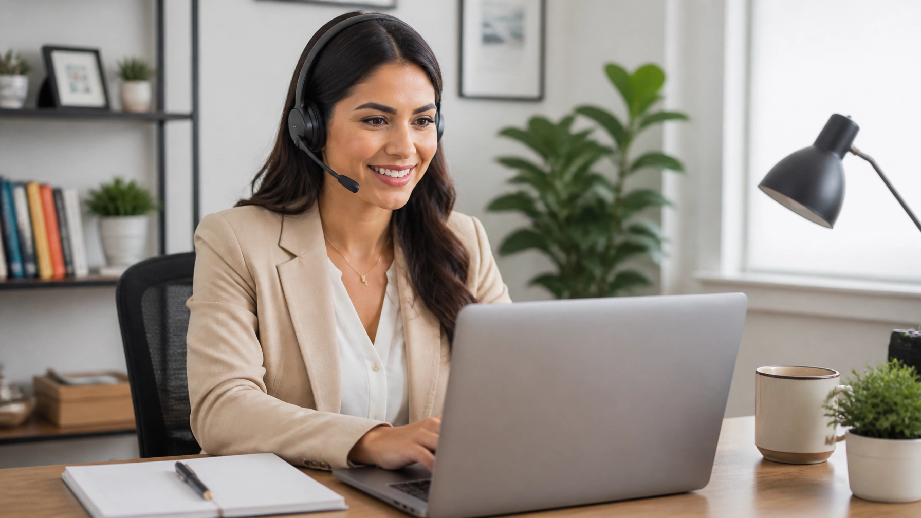 Virtual assistant working from an organized home office managing client communications