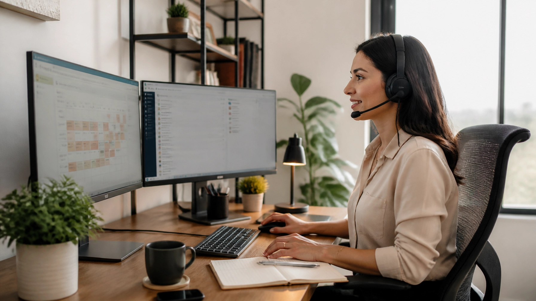 A professional LATAM virtual assistant at a clean desk, smiling while managing a complex automated scheduling dashboard on dual monitors.