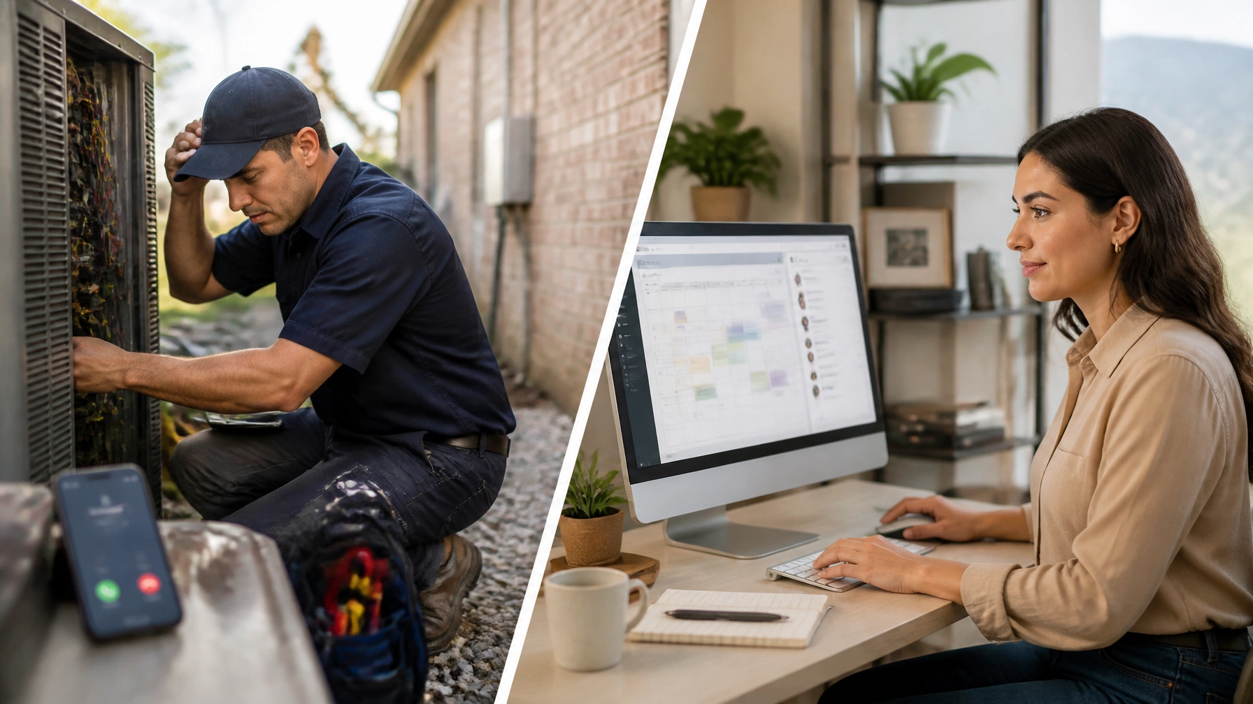 A split image of a plumber missing a call while working versus a virtual assistant professionally handling office tasks