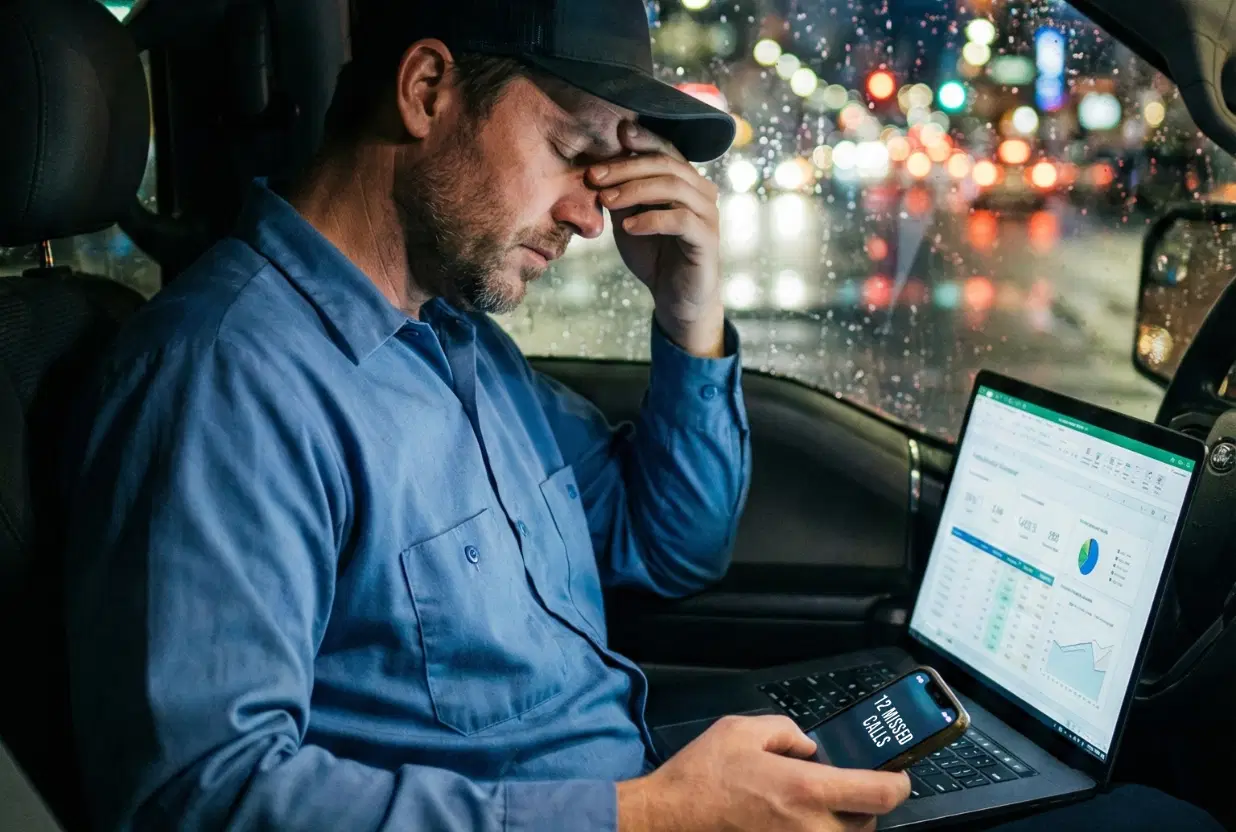 Stressed trades business owner overwhelmed by paperwork and missed calls Stressed trades business owner overwhelmed by paperwork and missed calls