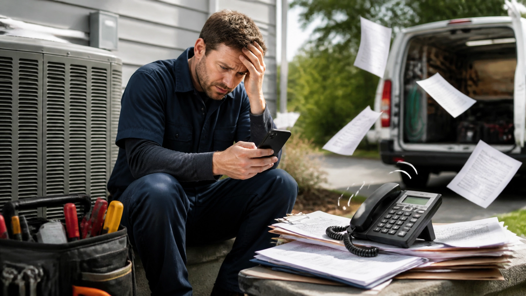 Service technician looking at missed calls on his phone.