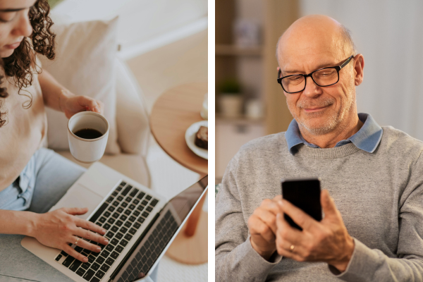 plit-screen image showing a professional assistant sending a quote from a computer on one side, and customer reading that quote on his mobile phone on the other.