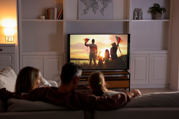 A business owner relaxing with his family at home while his office is taken care of by a virtual assistant. 