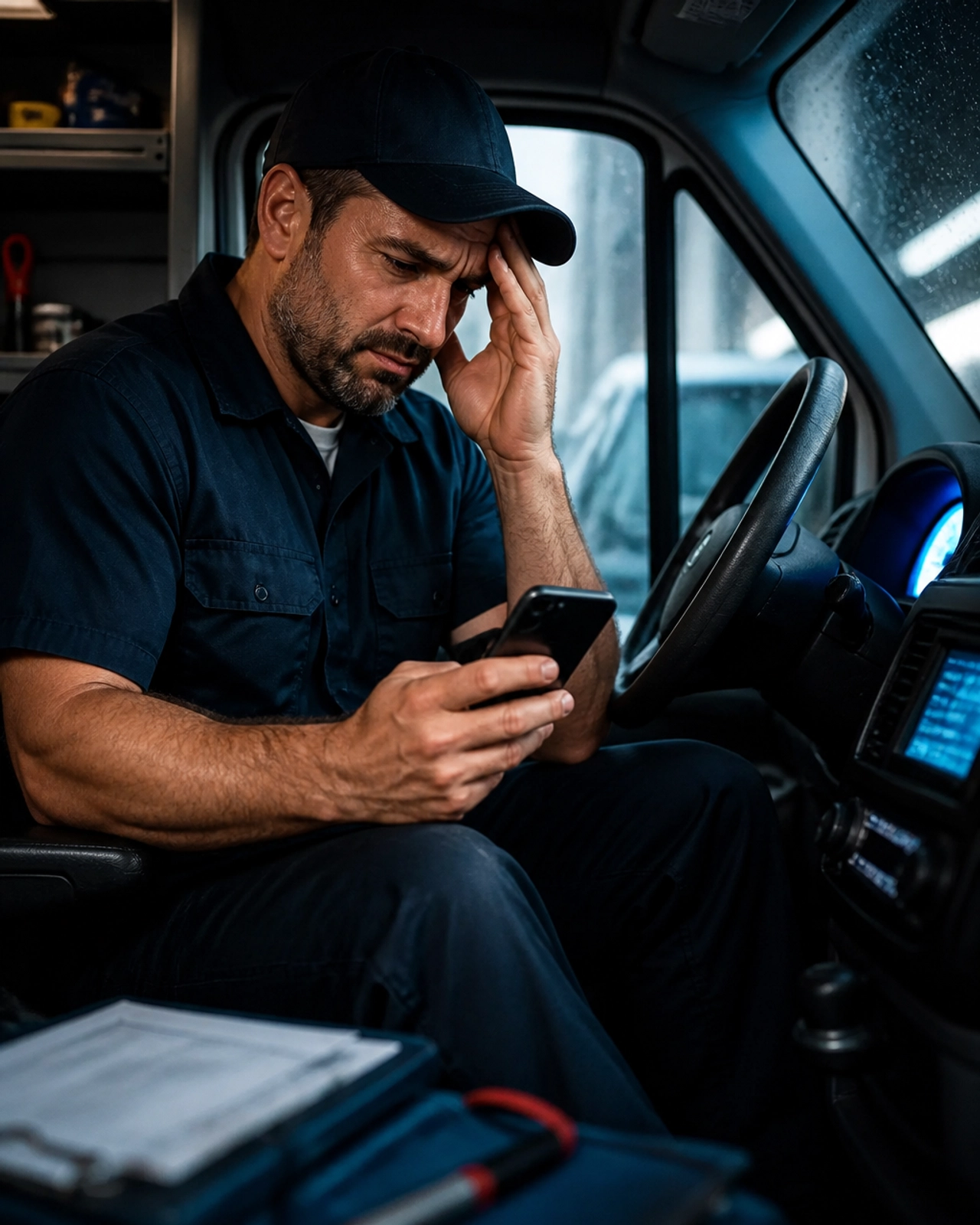 A stressed trades business owner sits in his truck at night, overwhelmed by after-hours paperwork and 12 missed phone calls.