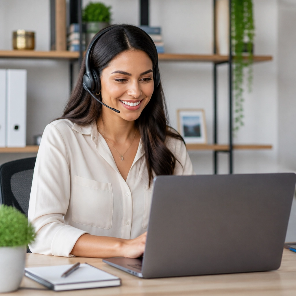 A professional Latin American virtual assistant working at an organized desk