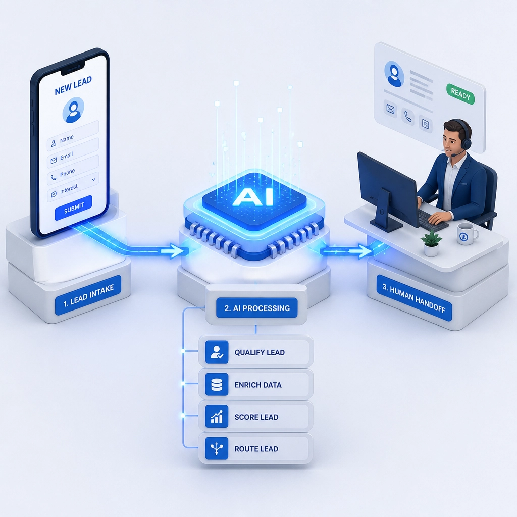 An isometric illustration of a lead moving through an AI system to a human agent