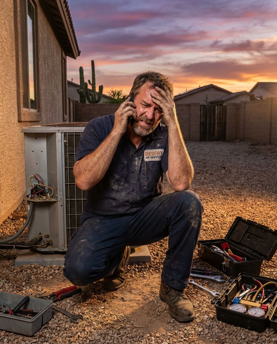An exhausted HVAC technician in dirty work clothes kneels beside an outdoor AC unit at sunset, holding his head in frustration while talking on the phone. An exhausted HVAC technician in dirty work clothes kneels beside an outdoor AC unit at sunset, holding his head in frustration while talking on the phone.