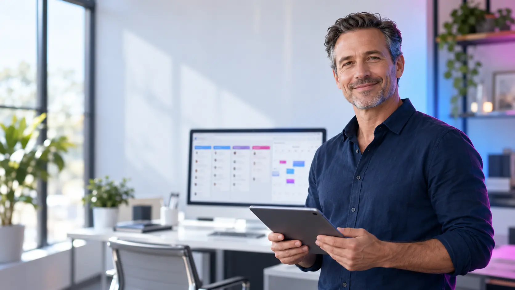 Service business owner with an organized remote office behind the business
