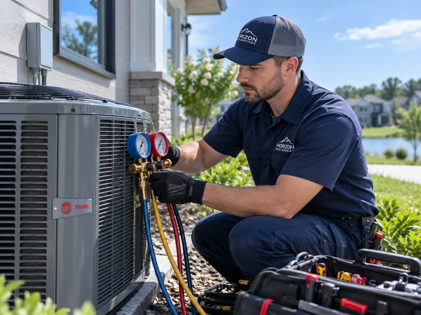 HVAC technician servicing an outdoor air conditioning unit