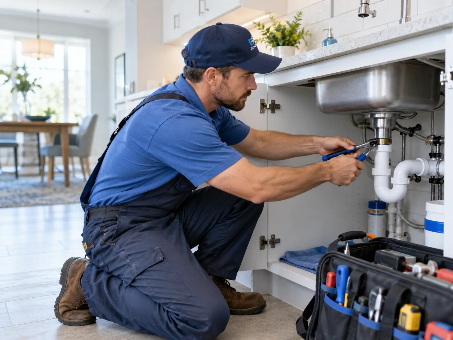 Plumber repairing pipes under a kitchen sink