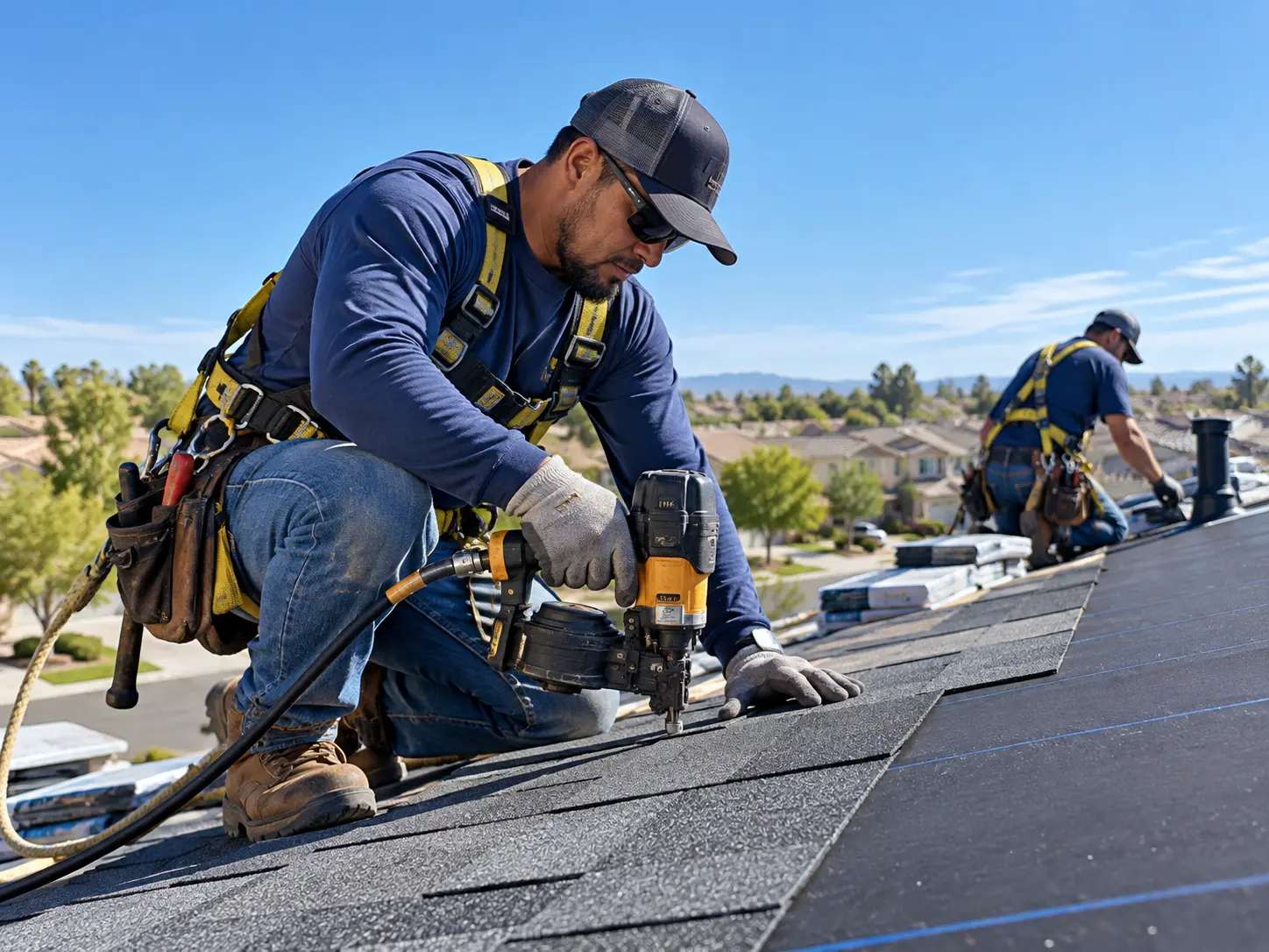 Roofers installing shingles on a residential roof