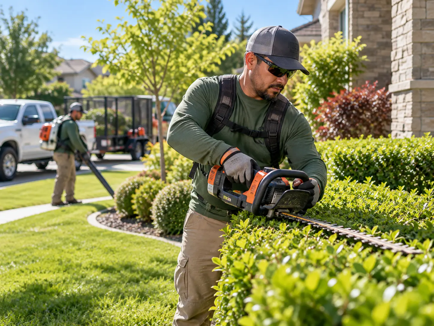 Landscaper trimming hedges at a residential property