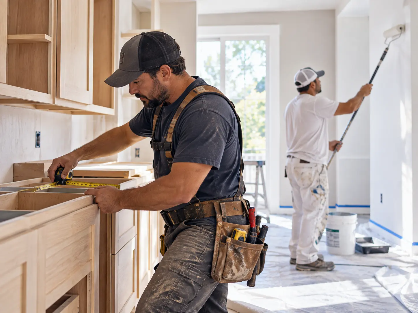 Carpenter and painter working on a home remodel