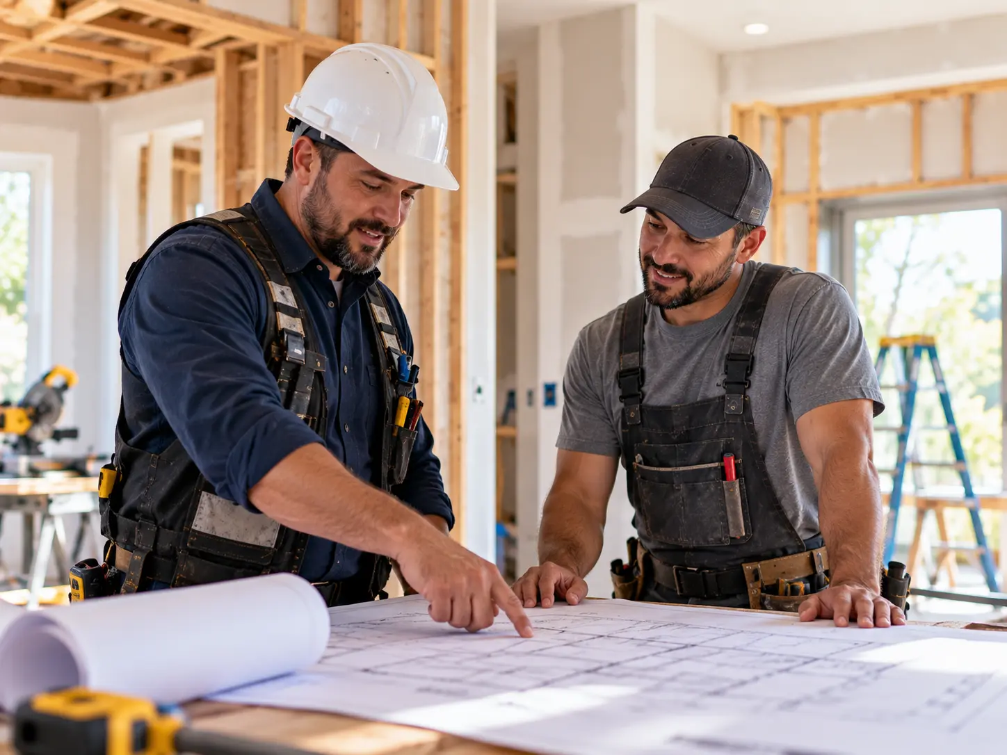 General contractor and handyman reviewing plans on a renovation site