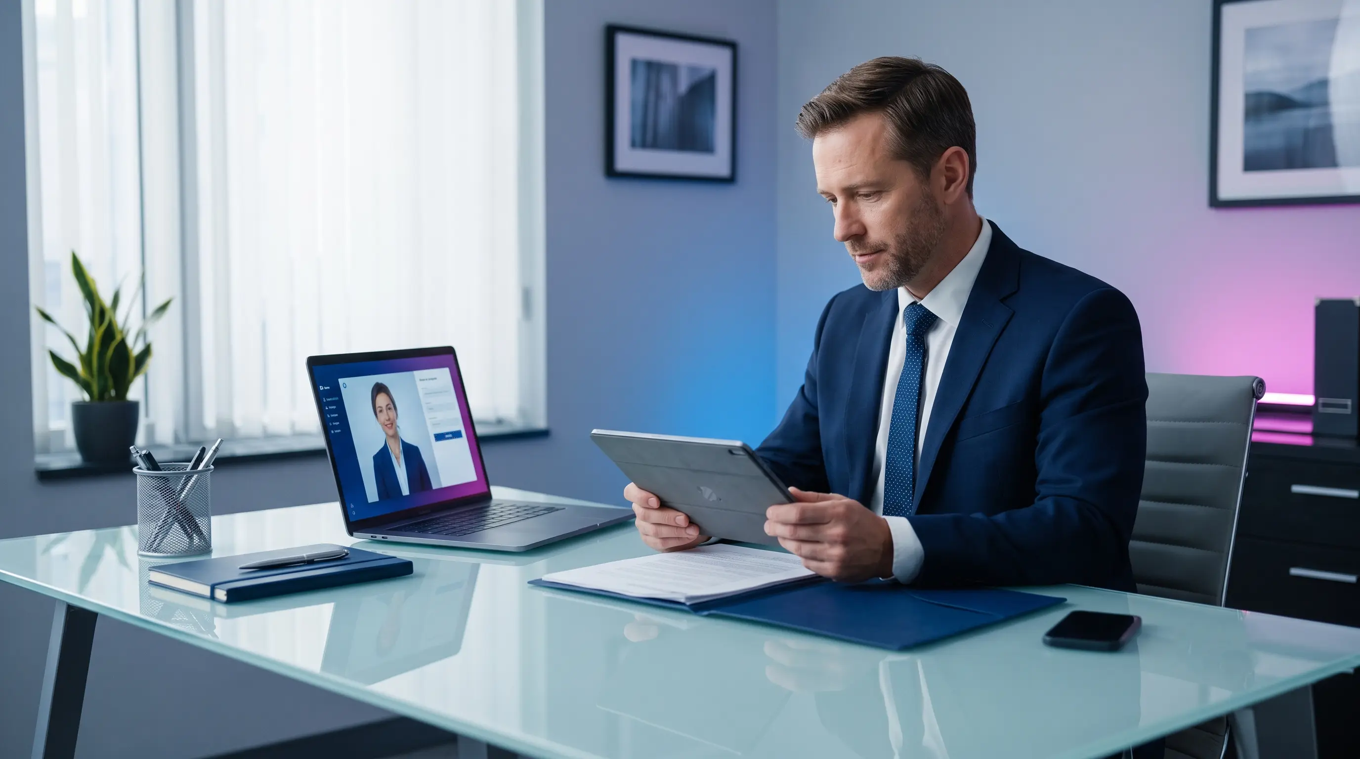 Professional services team reviewing client files in a modern office