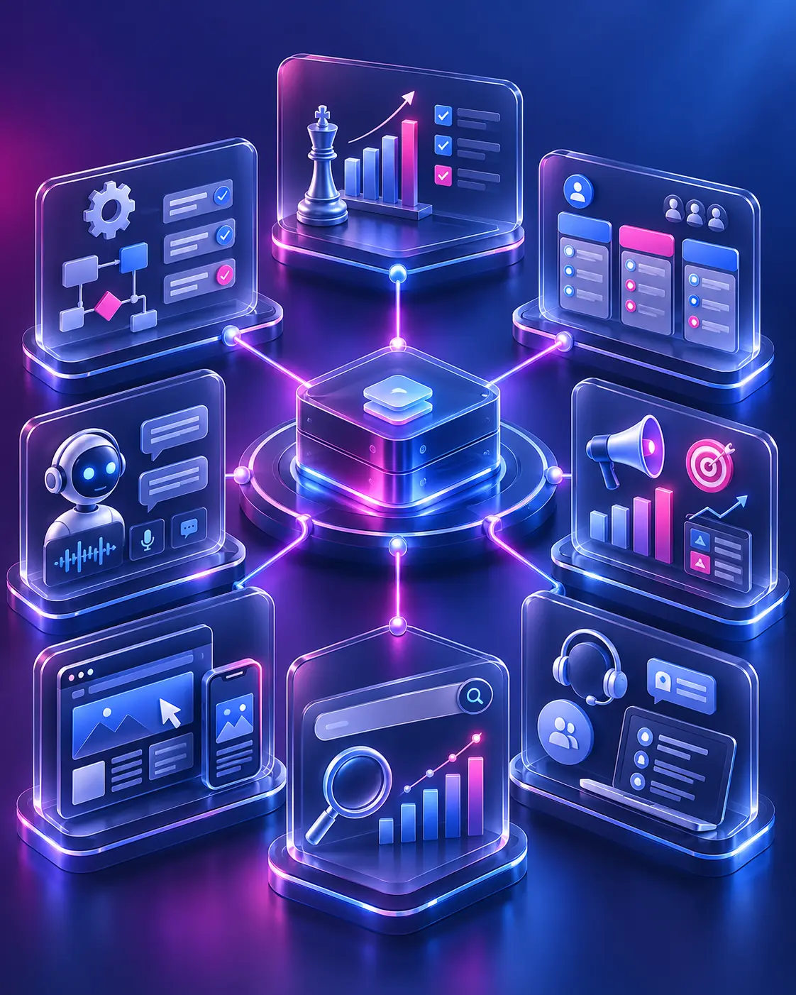 Connected business services: strategy, CRM, AI, marketing, websites, SEO, and virtual support