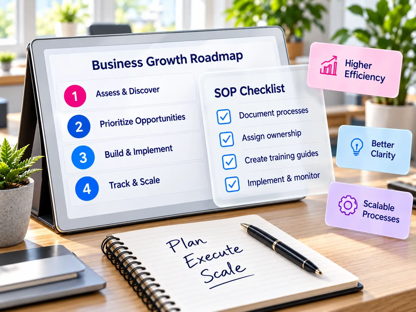Business strategy and operations planning with growth dashboards and documented workflows