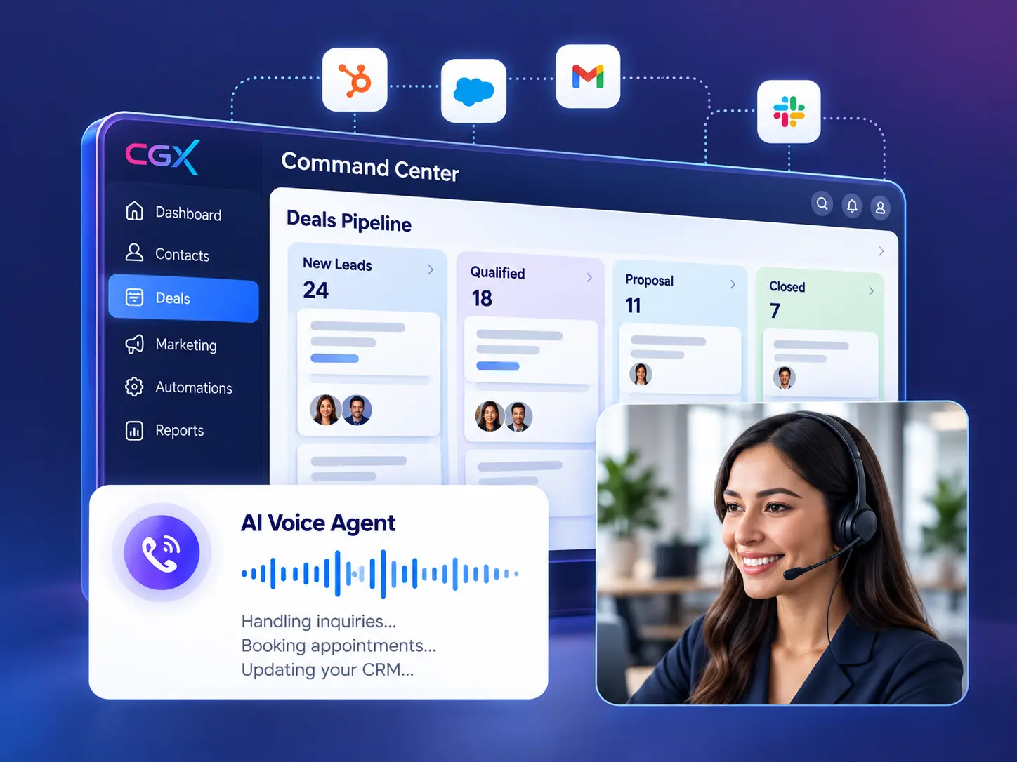 Connected CRM, AI systems, and virtual team members working together
