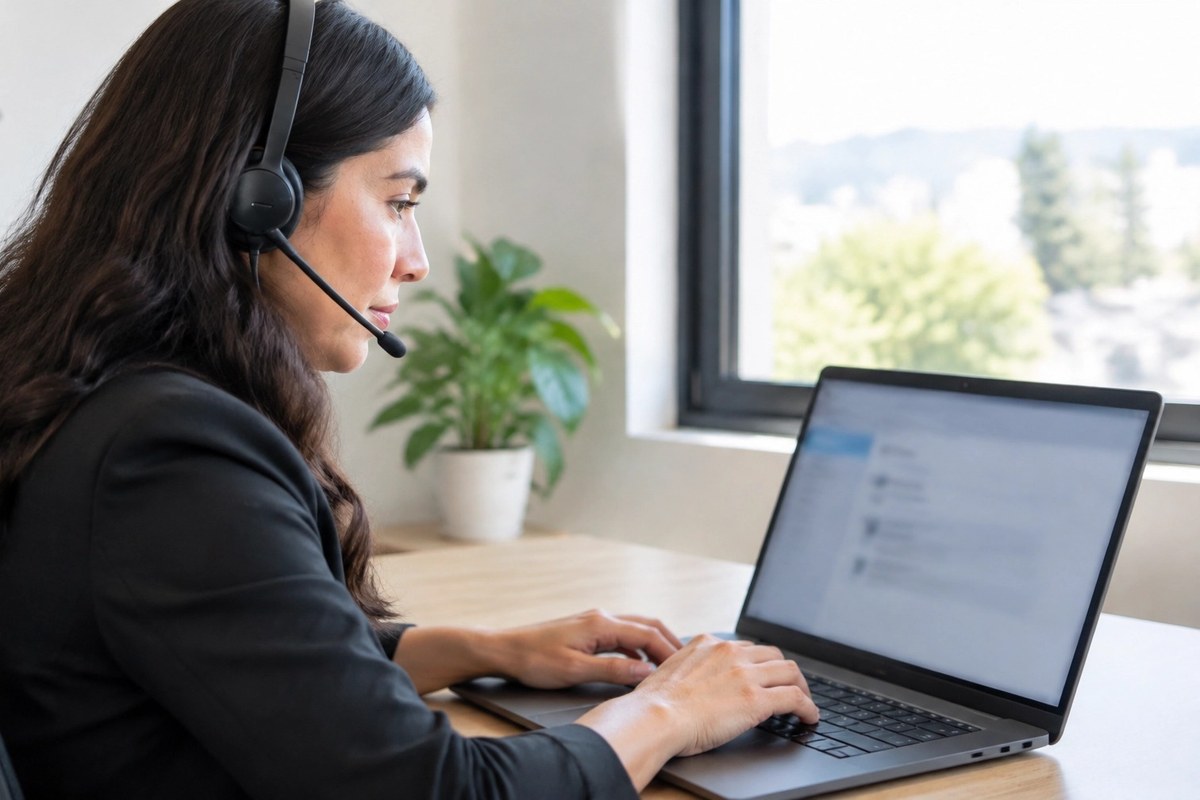 Remote assistant with a headset checking a new website inquiry