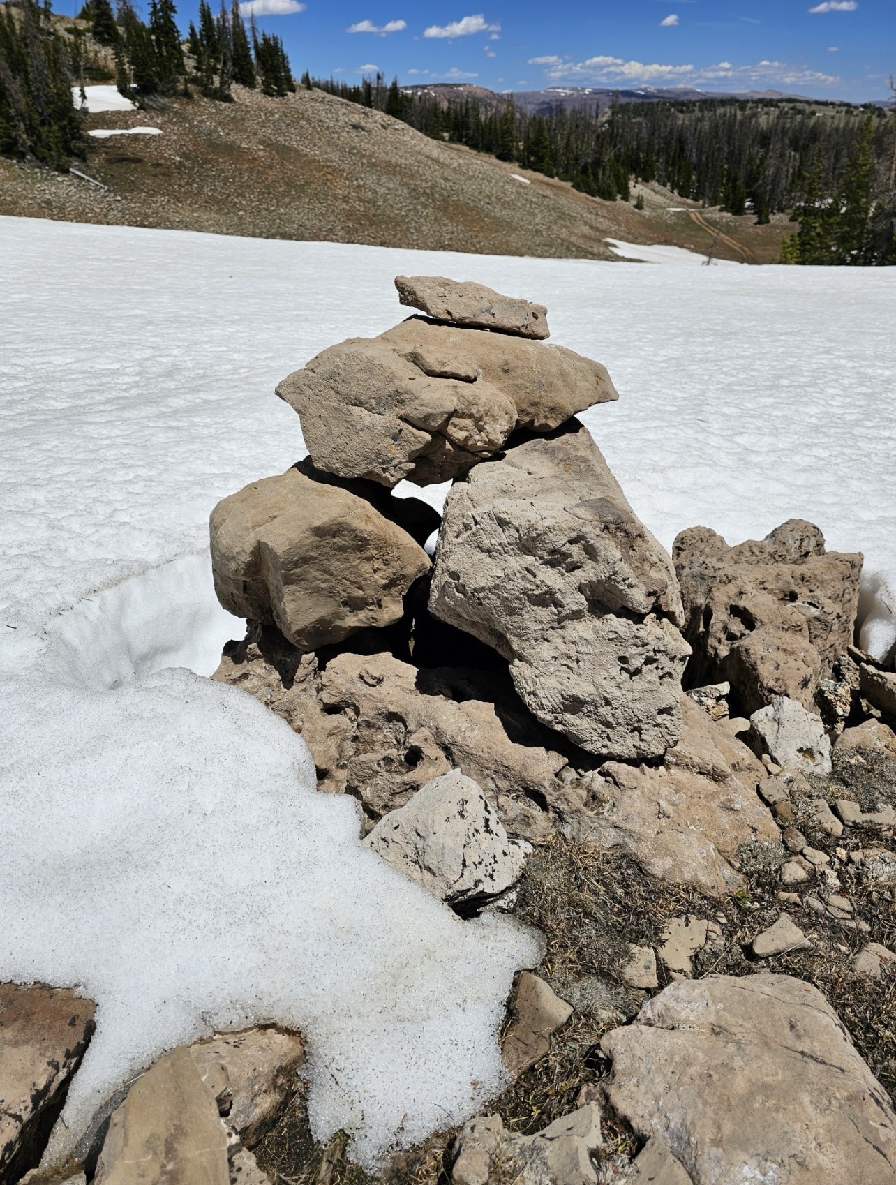Trail marker cairn on a mountain path