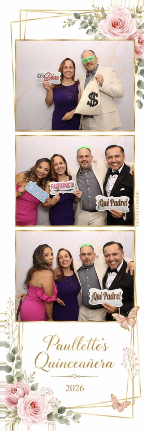 Adult guests enjoying props in a floral quinceañera photo strip from The Garden Room event