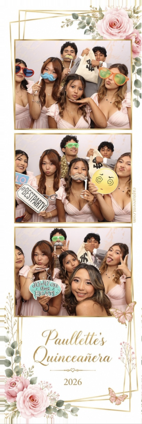 Three-photo quinceañera strip with pink flowers, gold frames and playful props at The Garden Room in La Habra