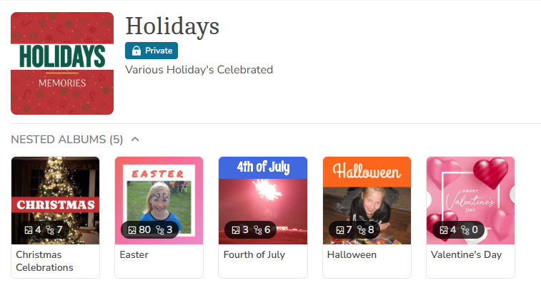 Screenshot of your main Holidays album with Christmas, Easter, Fourth of July, Halloween, Valentine’s Day, etc.