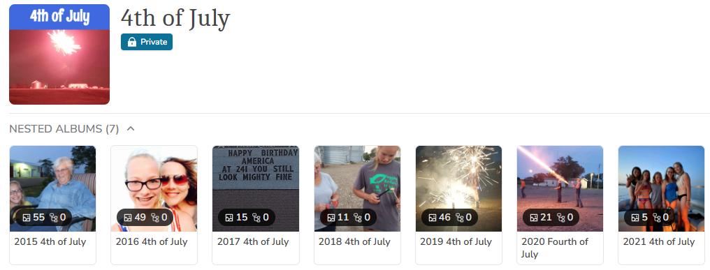 Screenshot of your Fourth of July album opened, showing nested albums by year such as 2015 4th of July, 2016 4th of July, 2017 4th of July, etc.