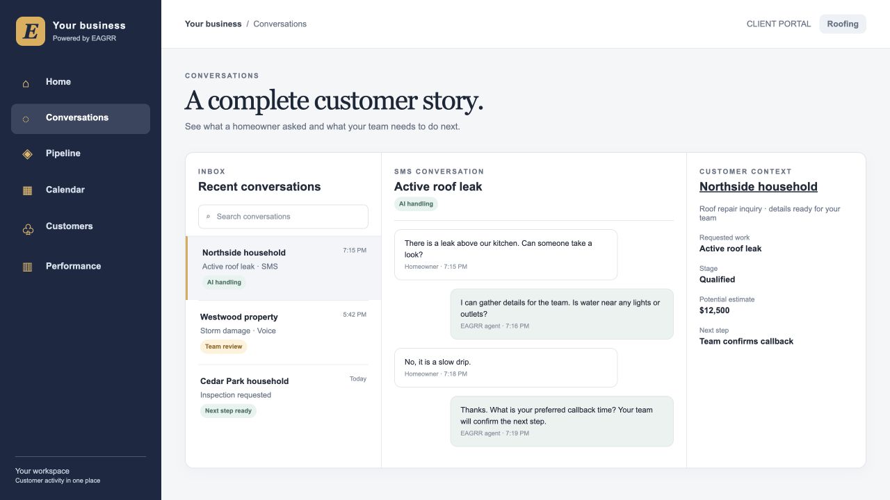 EAGRR conversation inbox with illustrative customer exchange and context