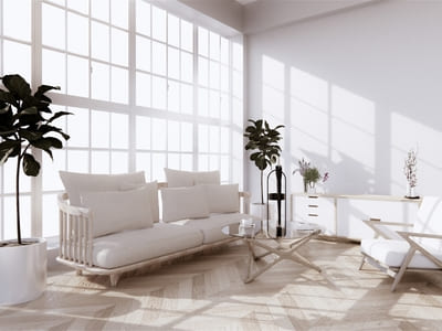 Sunlit modern living room with large windows, white furniture, and potted plants, showcasing a serene and minimalist design with a focus on natural light.