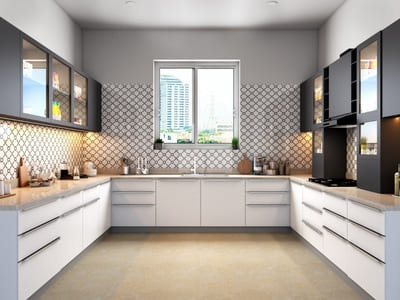 Modern U-shaped kitchen with sleek white cabinets, black upper cabinets, geometric tile backsplash, and a large window providing natural light.