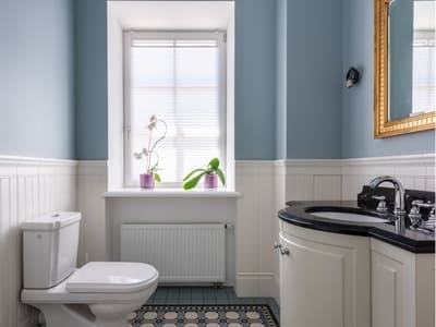 Elegant bathroom with blue walls, white wainscoting, a window with blinds, a modern toilet, and a vanity with a black countertop, featuring a classic yet modern design.