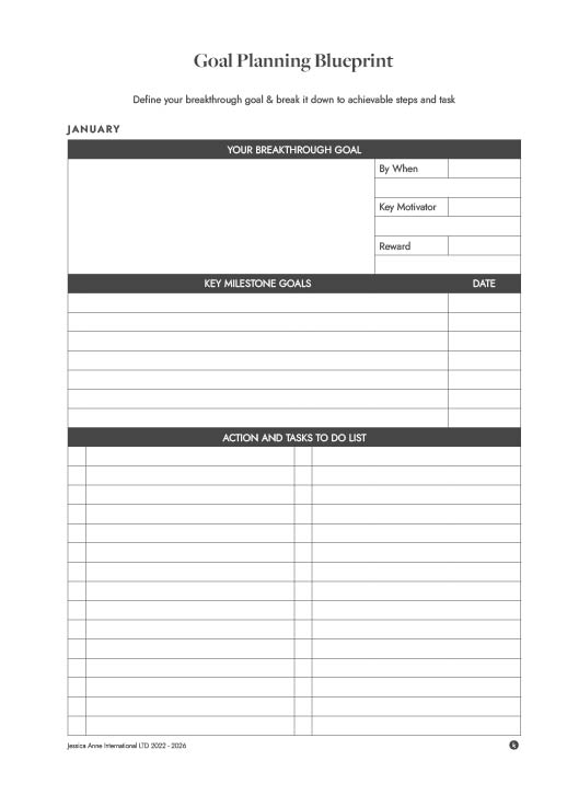 Goal Planning Blueprint, January: Your Breakthrough Goal, By When, Key Motivator, Reward, Key Milestone Goals and Action and Tasks To Do List