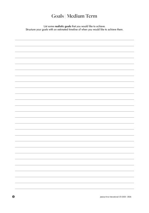 Goals, Medium Term: list realistic goals with an estimated timeline