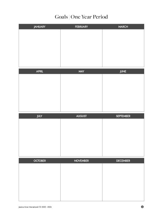 Goals, One Year Period: a 12-month grid from January to December