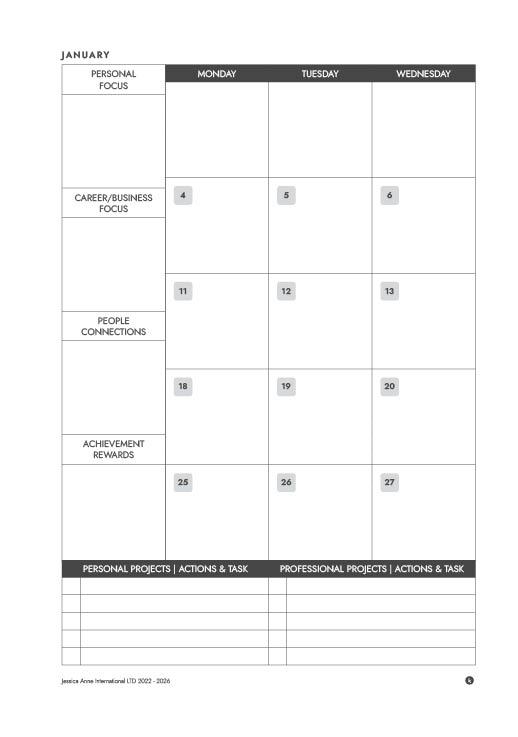 2027 monthly calendar, January: Personal Focus, Career/Business Focus, People Connections and Achievement Rewards beside Monday to Wednesday, with Personal and Professional Projects lists