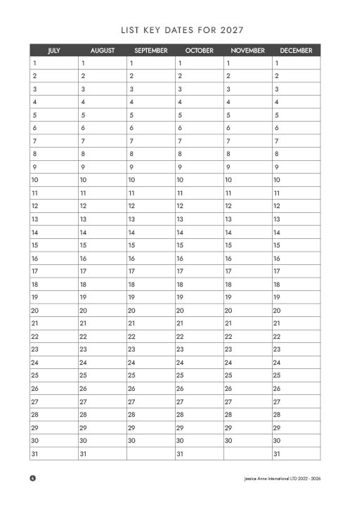 List Key Dates for 2027, July to December