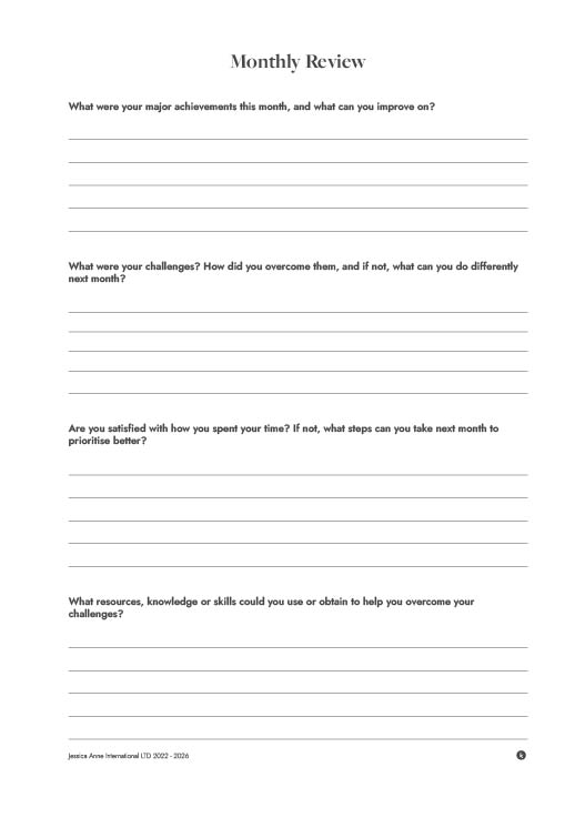 January Monthly Review page with four reflection questions