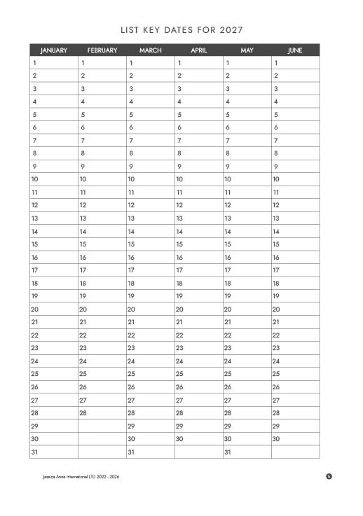 List Key Dates for 2027, January to June