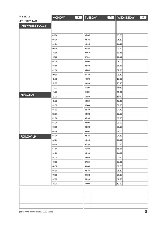 2027 weekly spread, Week 2, 4th to 10th January: This Weeks Focus, Personal and Follow Up beside Monday to Wednesday with half-hour slots from 05.00 to 10.00