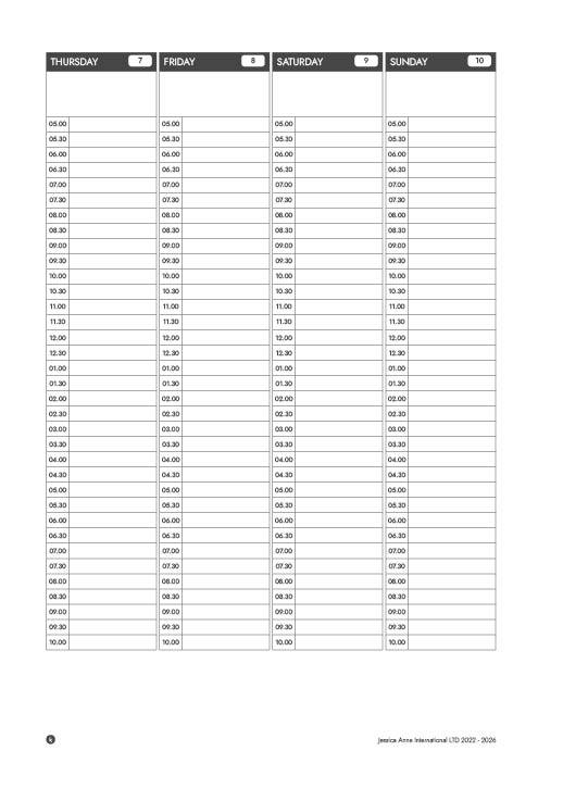 2027 weekly spread, Week 2: Thursday 7 to Sunday 10 January with half-hour slots from 05.00 to 10.00