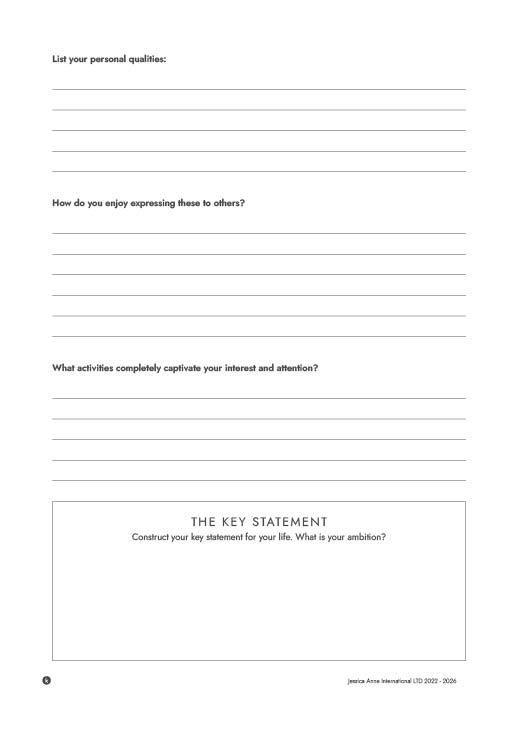 Self Discover questions on personal qualities and what captivates you, with The Key Statement box