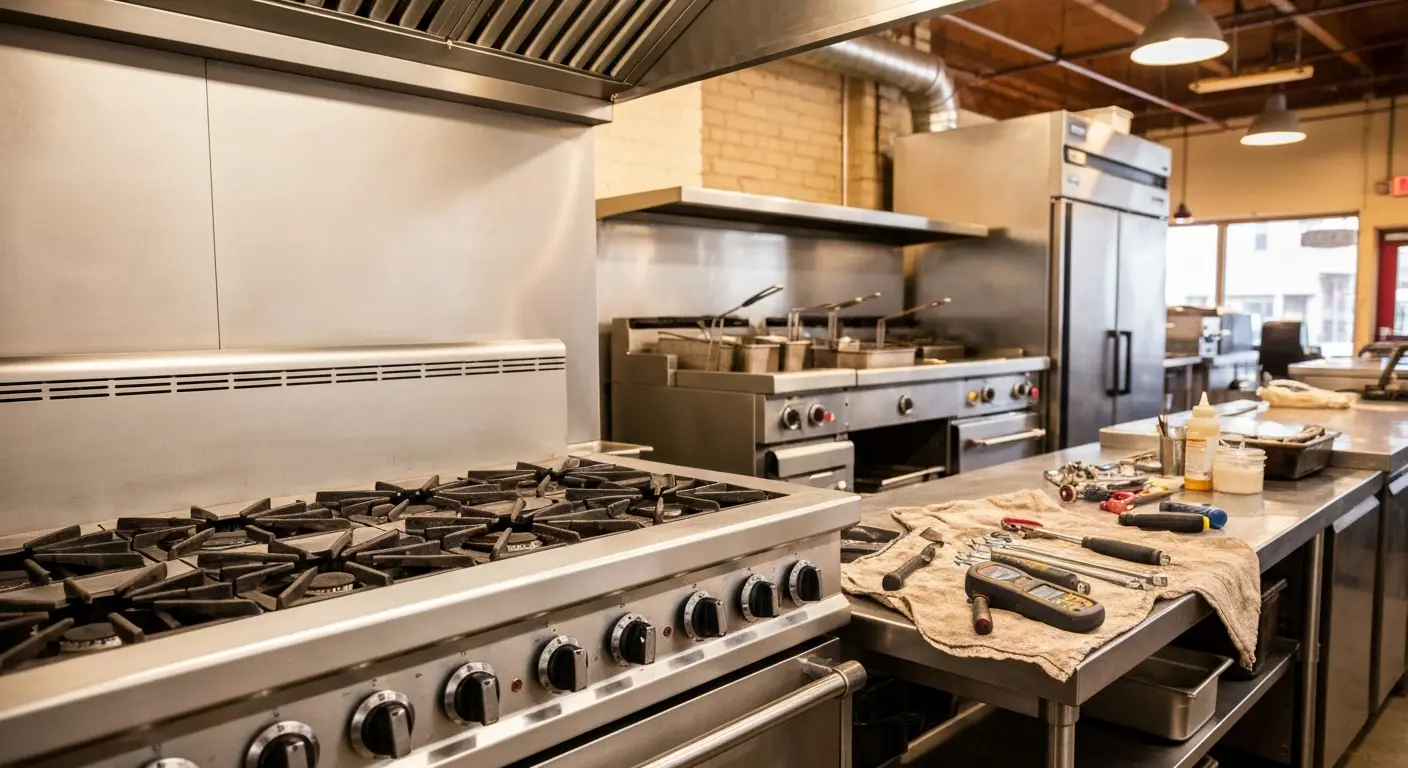 Commercial kitchen equipment repair technician at work