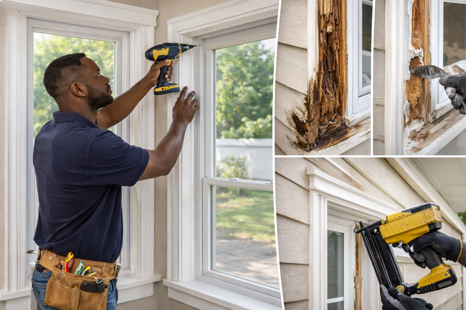 Handyman repairing rotted window frame and installing new trim during exterior and interior window repair