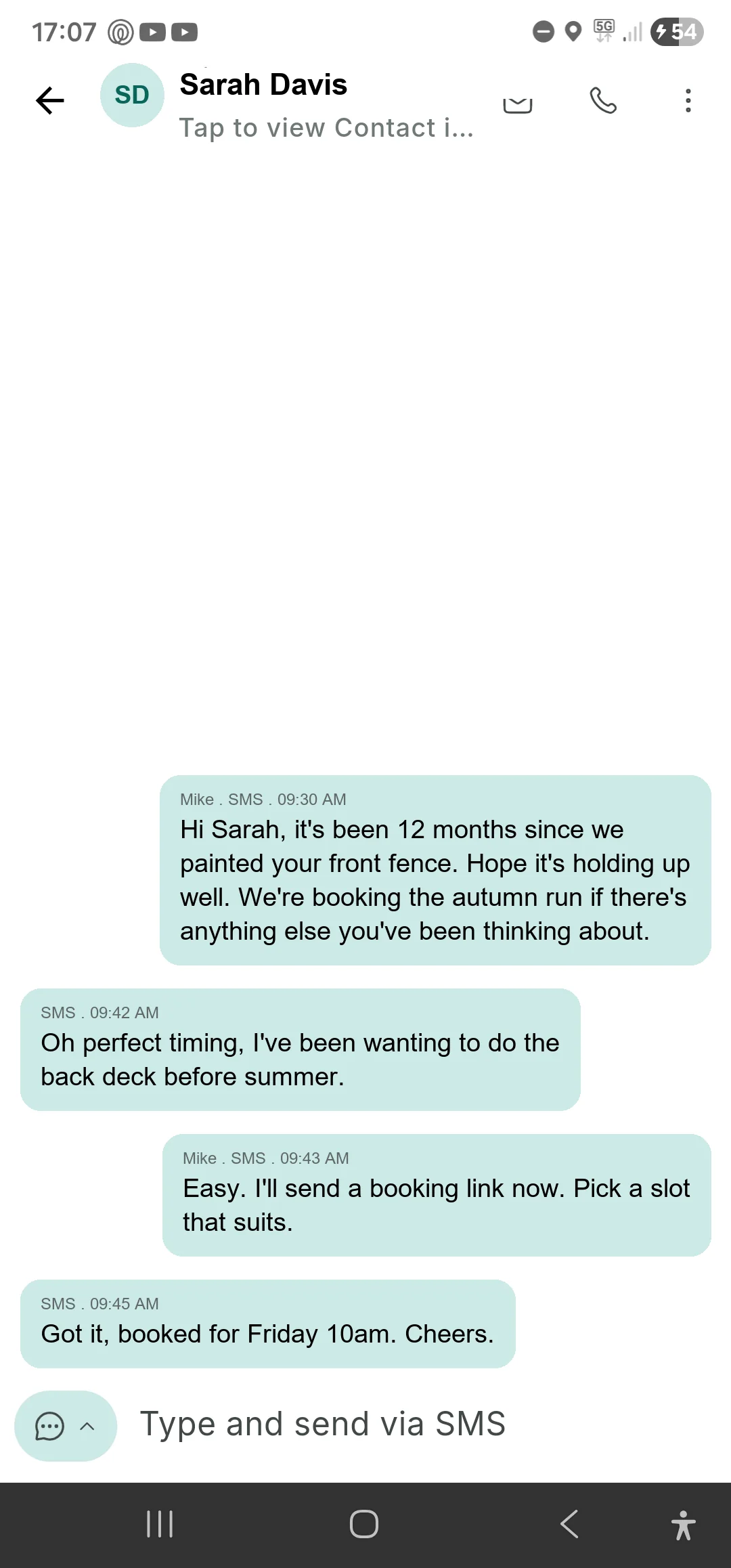 LeadConnector reactivation thread - Sarah Davis books fence repaint 12 months on